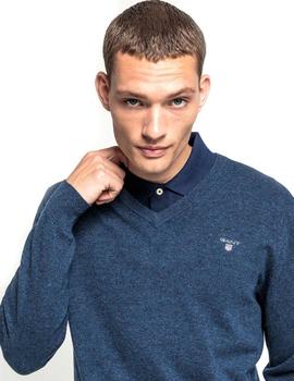 Jersey Gant Lambswool Cuello Pico Azul Grisaceo