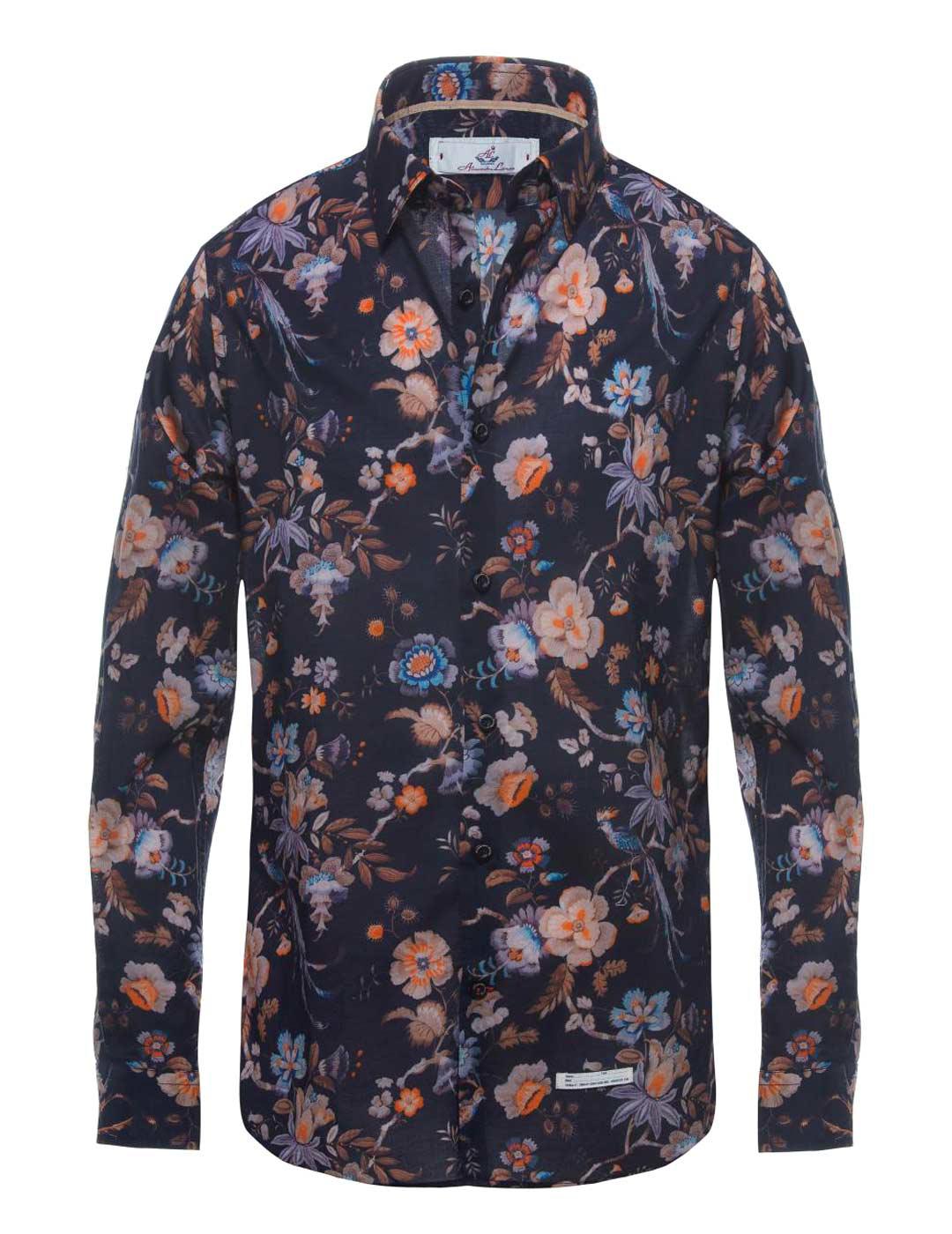 Alessandro Lamura Camisa Hombre Estampado Flores Negra