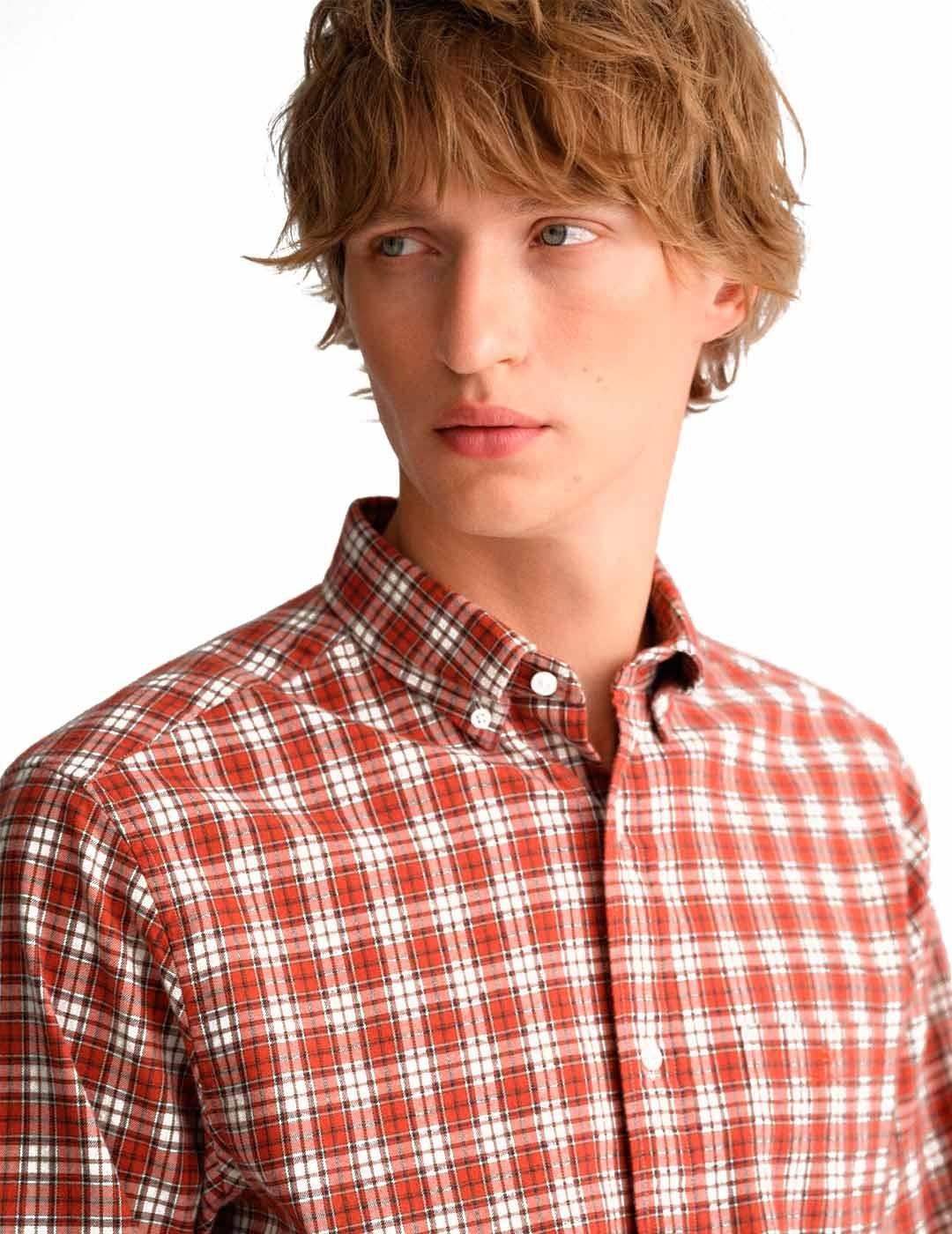 Gant Camisa Hombre Franela Cuadros Naranja