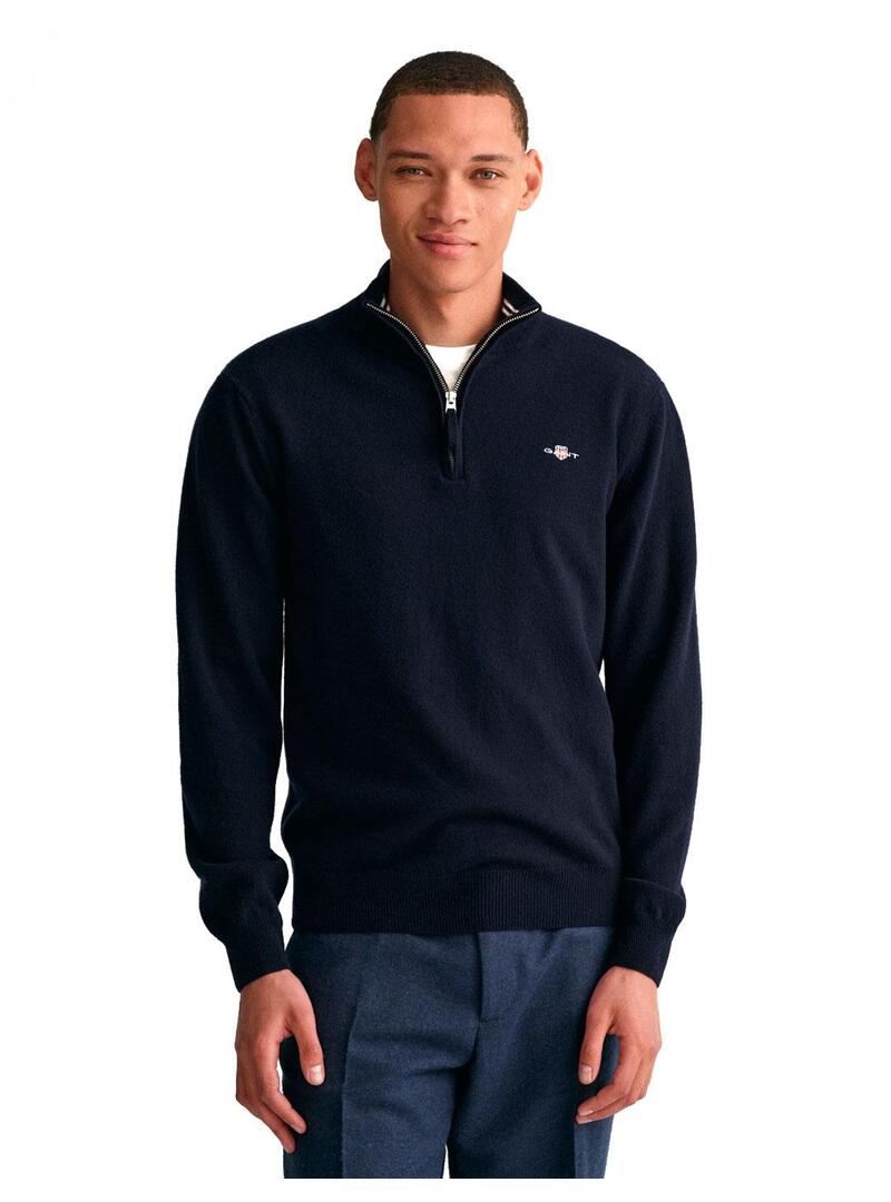 Gant Lambswool Jersey Fino Hombre Media Cremallera Marino