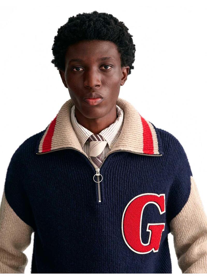 Gant Jersey Media Cremallera Hombre Azul