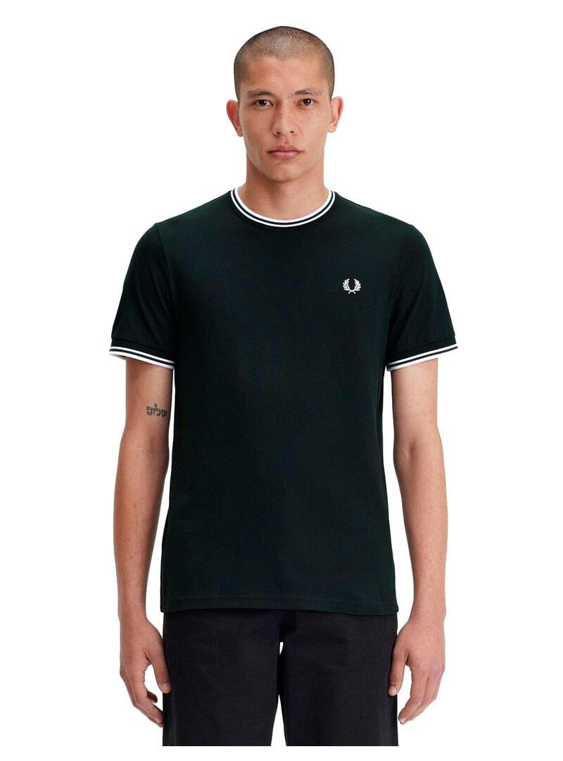 Camiseta Fred Perry Ribete Con Dos Franjas Verde Oscuro