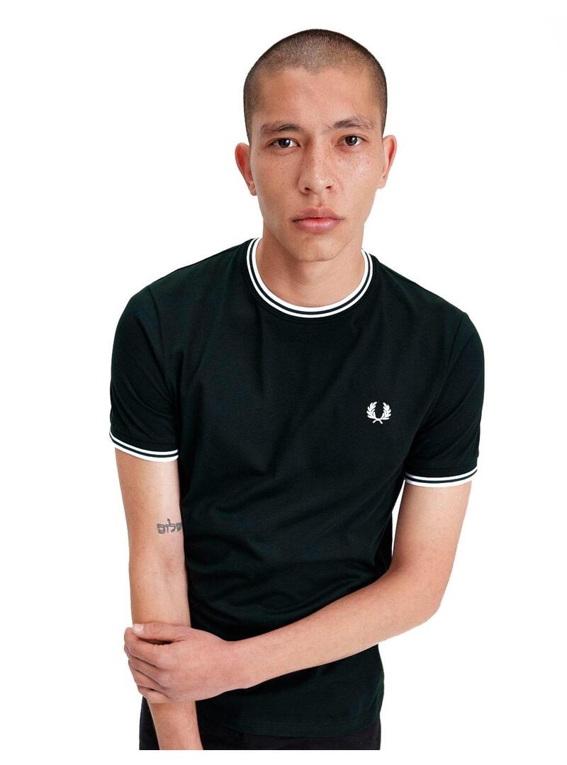 Camiseta Fred Perry Ribete Con Dos Franjas Verde Oscuro