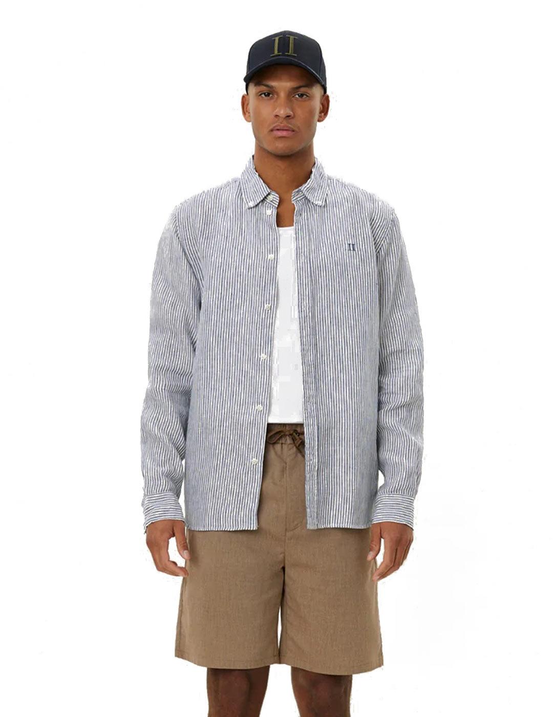 Les Deux  Kristian Linen Camisa Hombre Rayas Azul Marino
