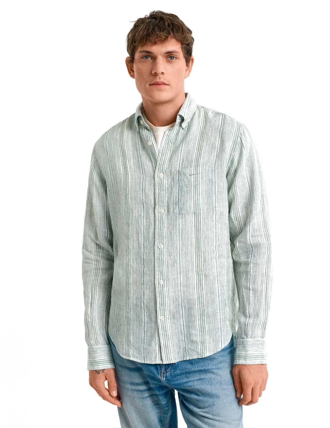 Gant Camisa Lino Rayas Hombre Azul
