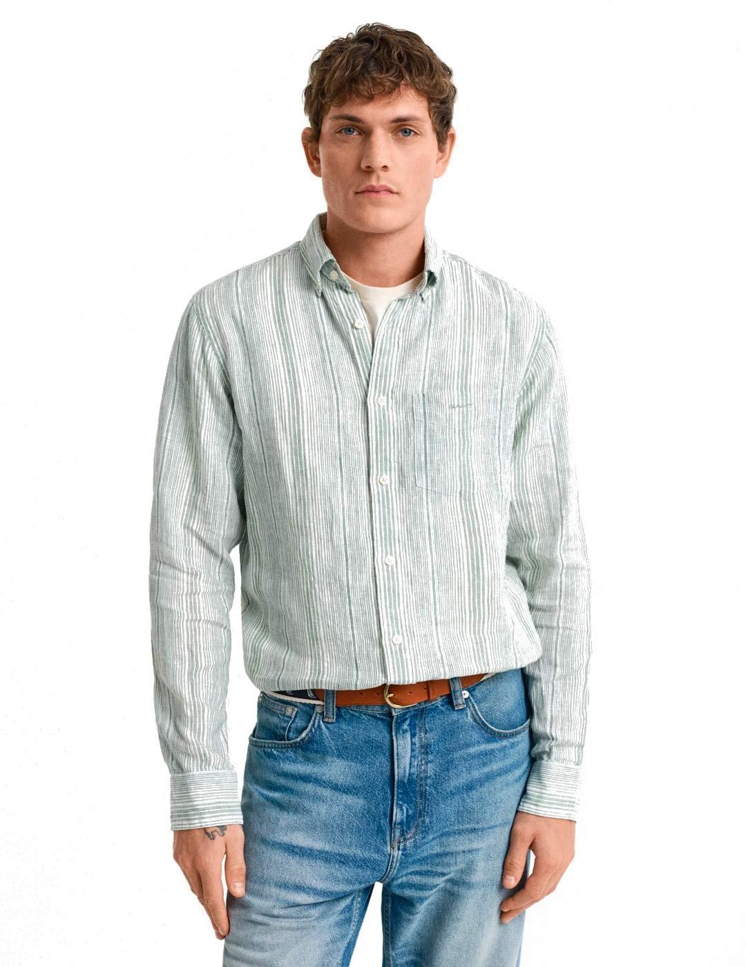Gant Camisa Lino Rayas Hombre Verde