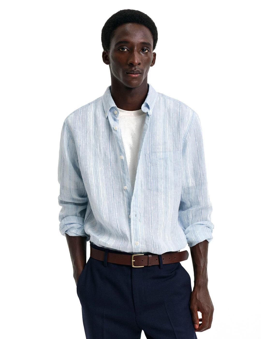 Gant Camisa Lino Rayas Hombre Azul