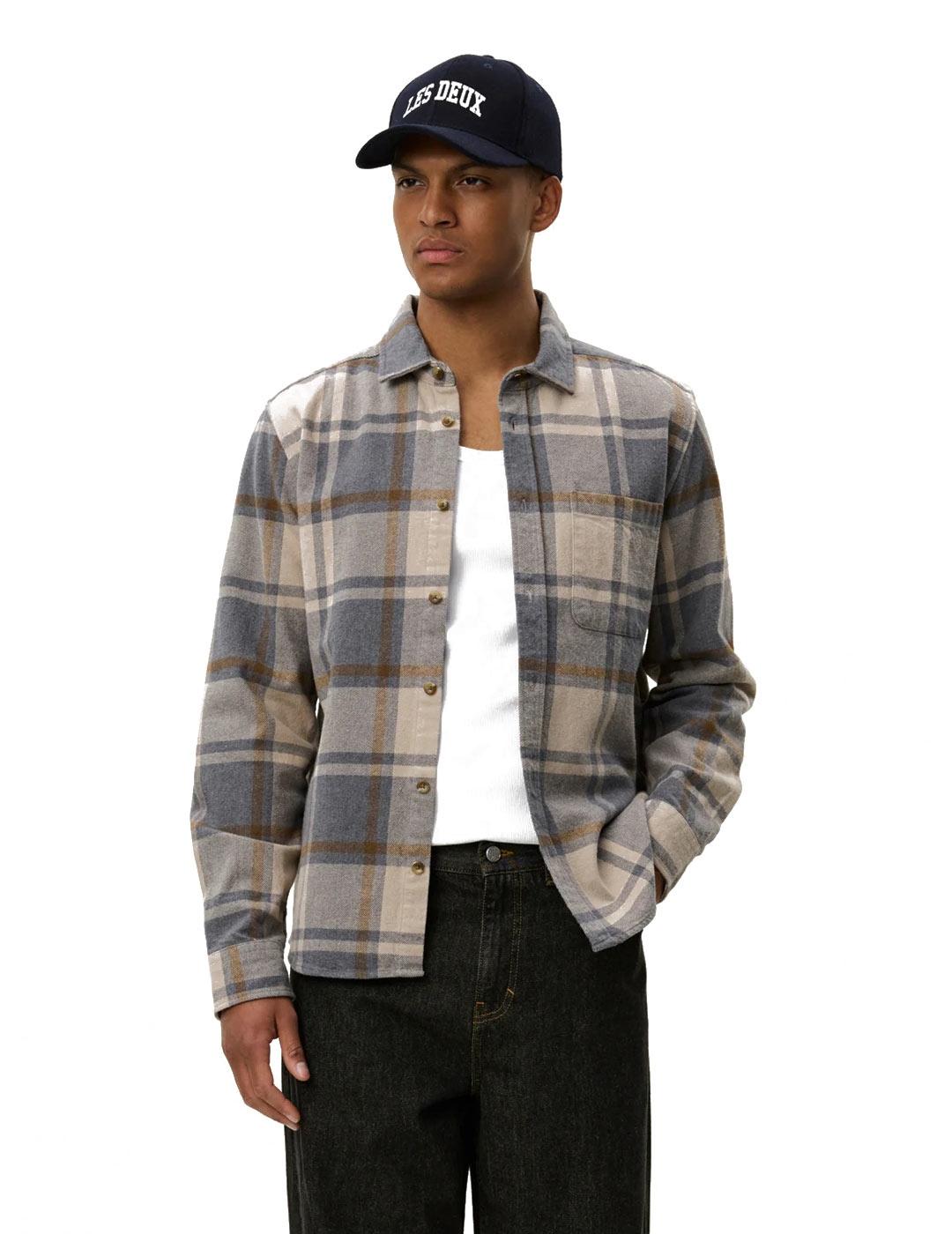 Les Deux Jeremy Check Flannel Camisa Hombre Cuadros Gris