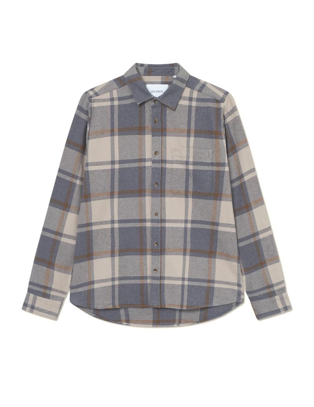 Les Deux Jeremy Check Flannel Camisa Hombre Cuadros Gris