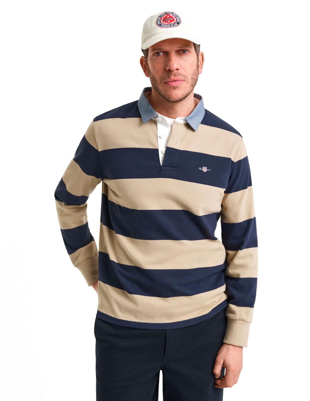 Gant Polo Rugger Rayas Hombre Marino Beige