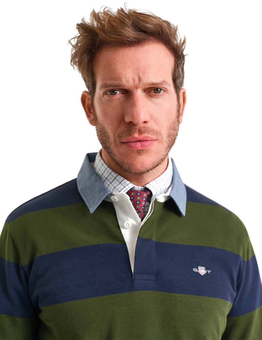 Gant Polo Rugger Rayas Hombre Marino Verde
