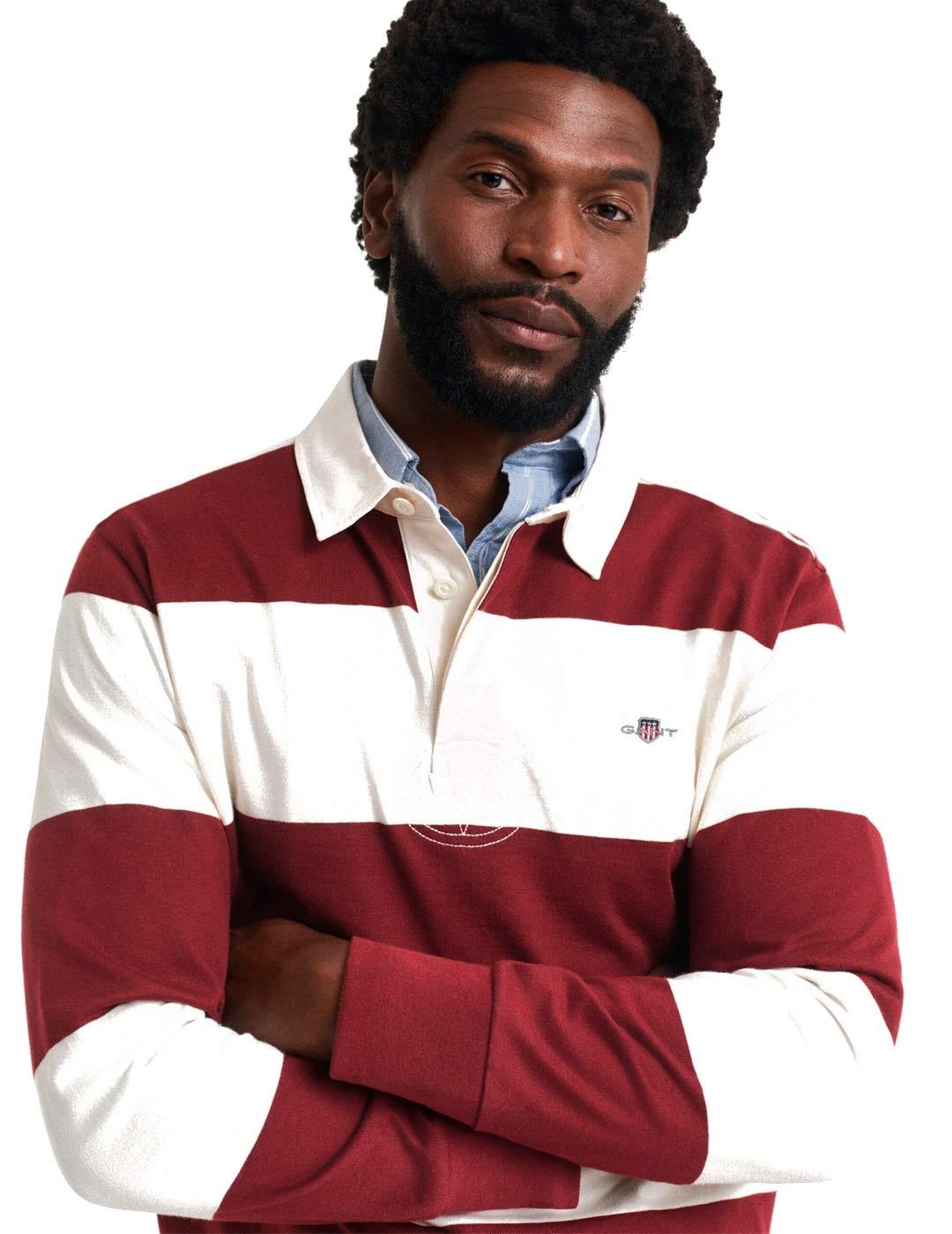 Gant Polo Rugger Rayas Hombre Rojo Beige