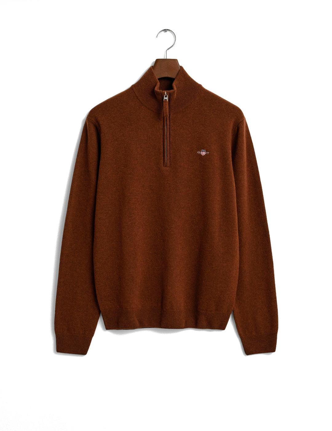 Gant Lambswool Jersey Fino Hombre Media Cremallera Marrón