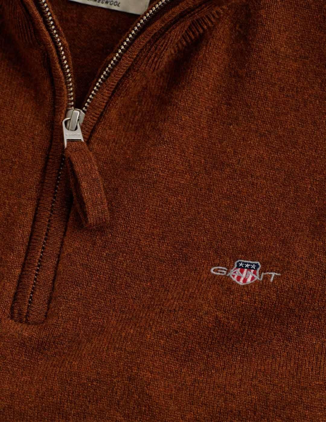 Gant Lambswool Jersey Fino Hombre Media Cremallera Marrón